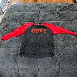 Obey Black and Red Graphic Raglan Tee